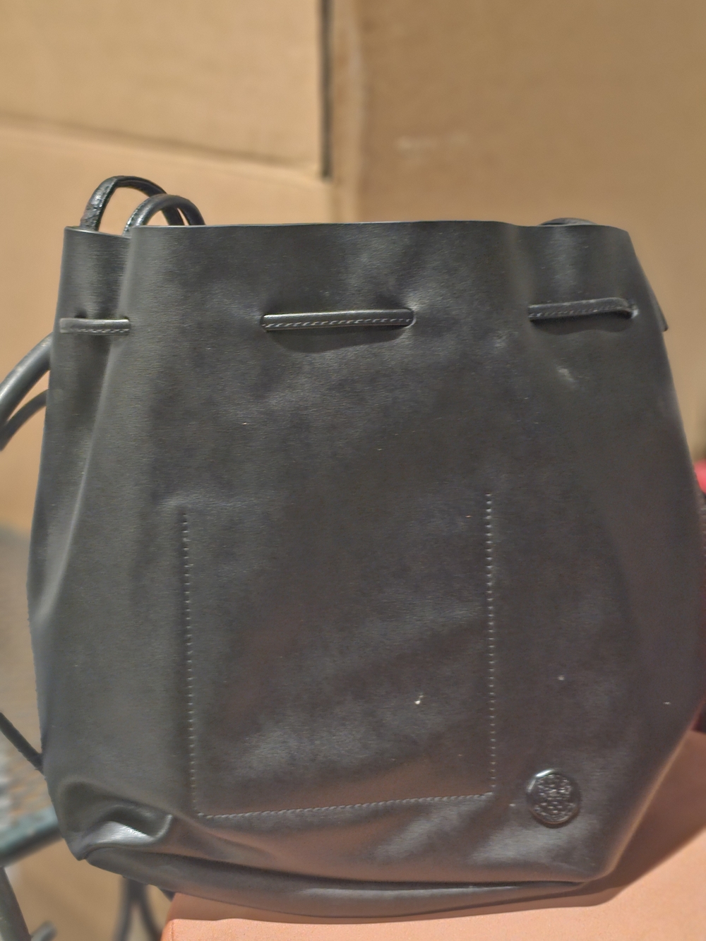 Vince Camuto Black Leather Drawstring Shoulder Bucket Bag